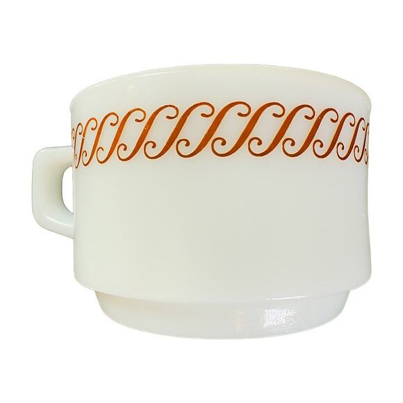 Pyrex Regency Brown Scroll Milk Glass Stackable Diner Coffee Cups Set of 4 - Picture 7 of 9